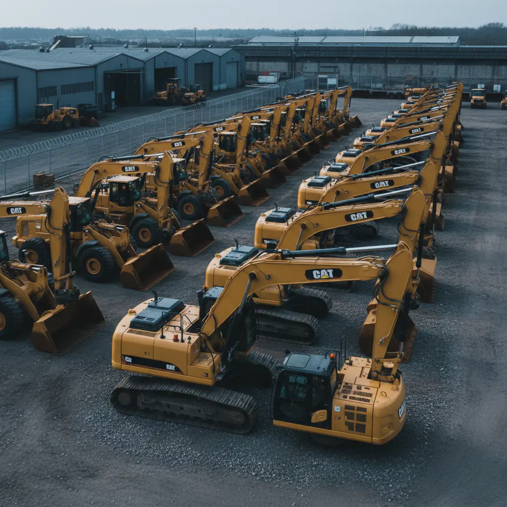 Equipment yard with excavators